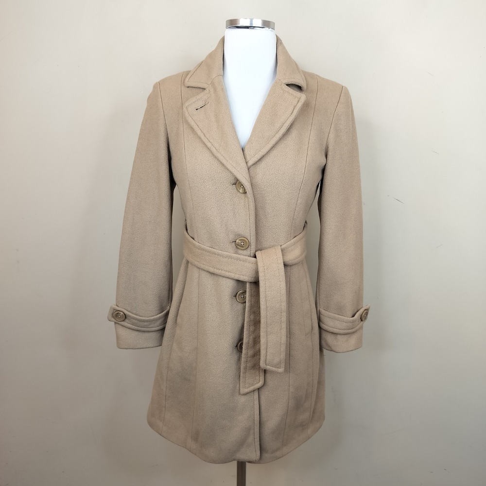 Anne Klein Wool Cashmere Pea Coat 4P Belted Classic Professional Tan